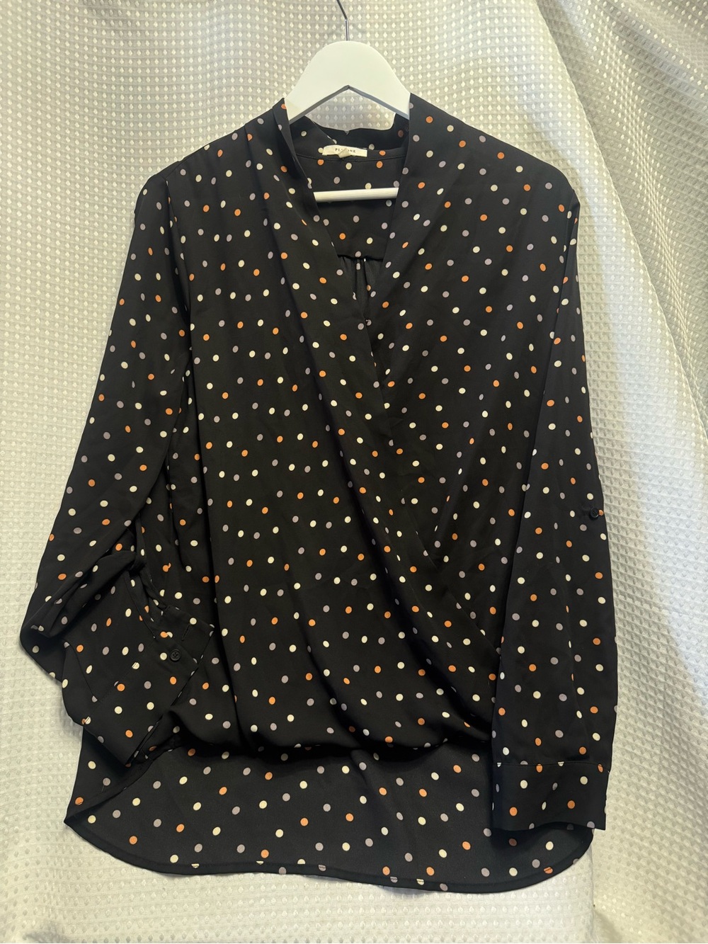 Pleione Black Wrap-Style Blouse with Cream & Orange Polka Dots